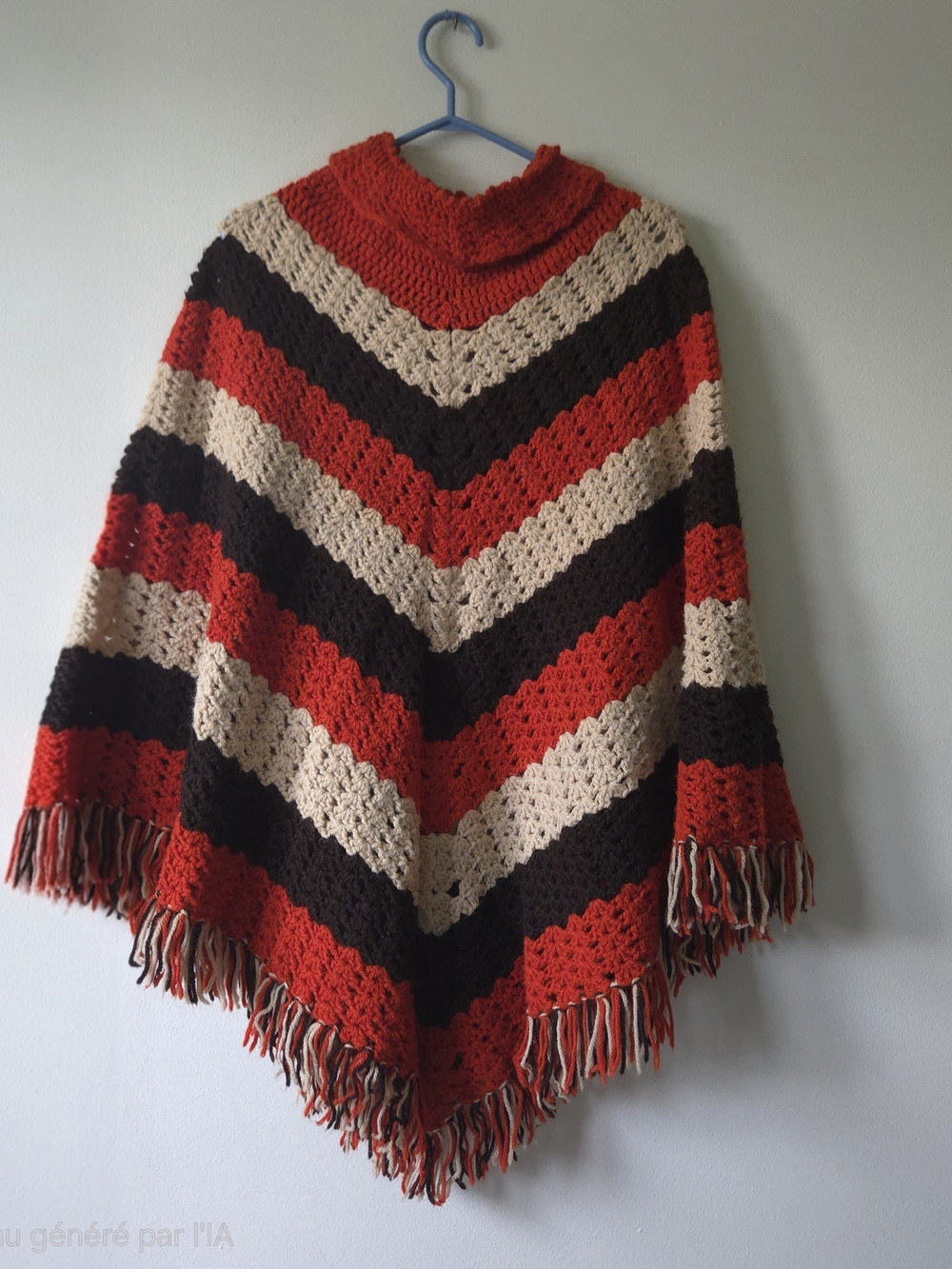Vintage 70s Hand Crochet Striped Turtleneck Poncho Chevron Fringe Cape OS